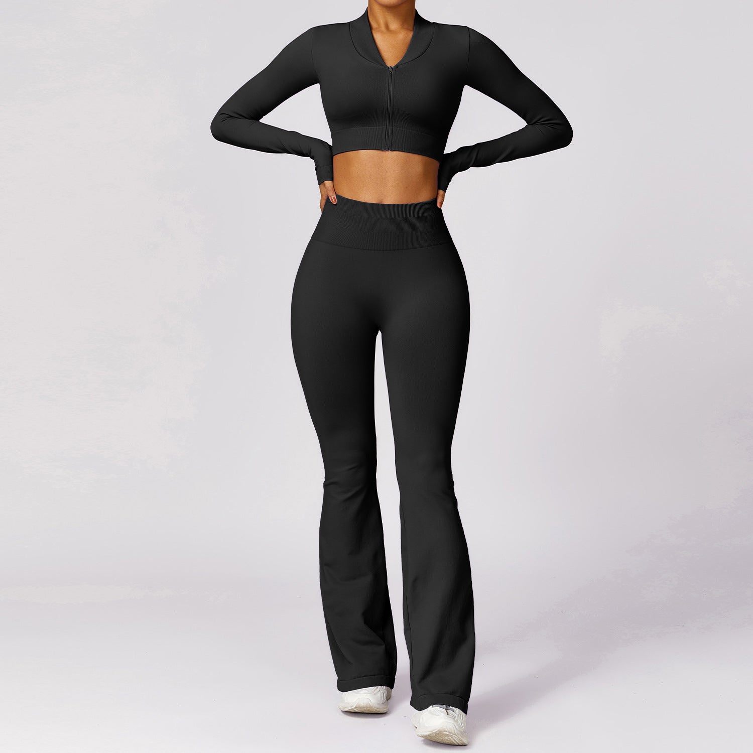 Seamless Ribbed Long Sleeve Crop Top and Flare Leggings Activewear Set