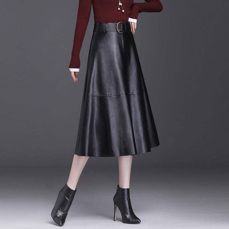 Elegant A-Line Faux Leather Midi Skirt with High Waist and Belt for Women
