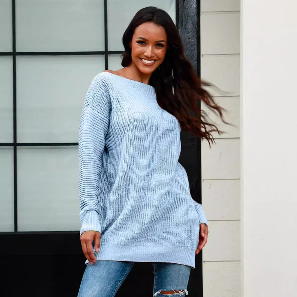 Effortless Off Neck Loose Knit Pullover Sweater Tunic