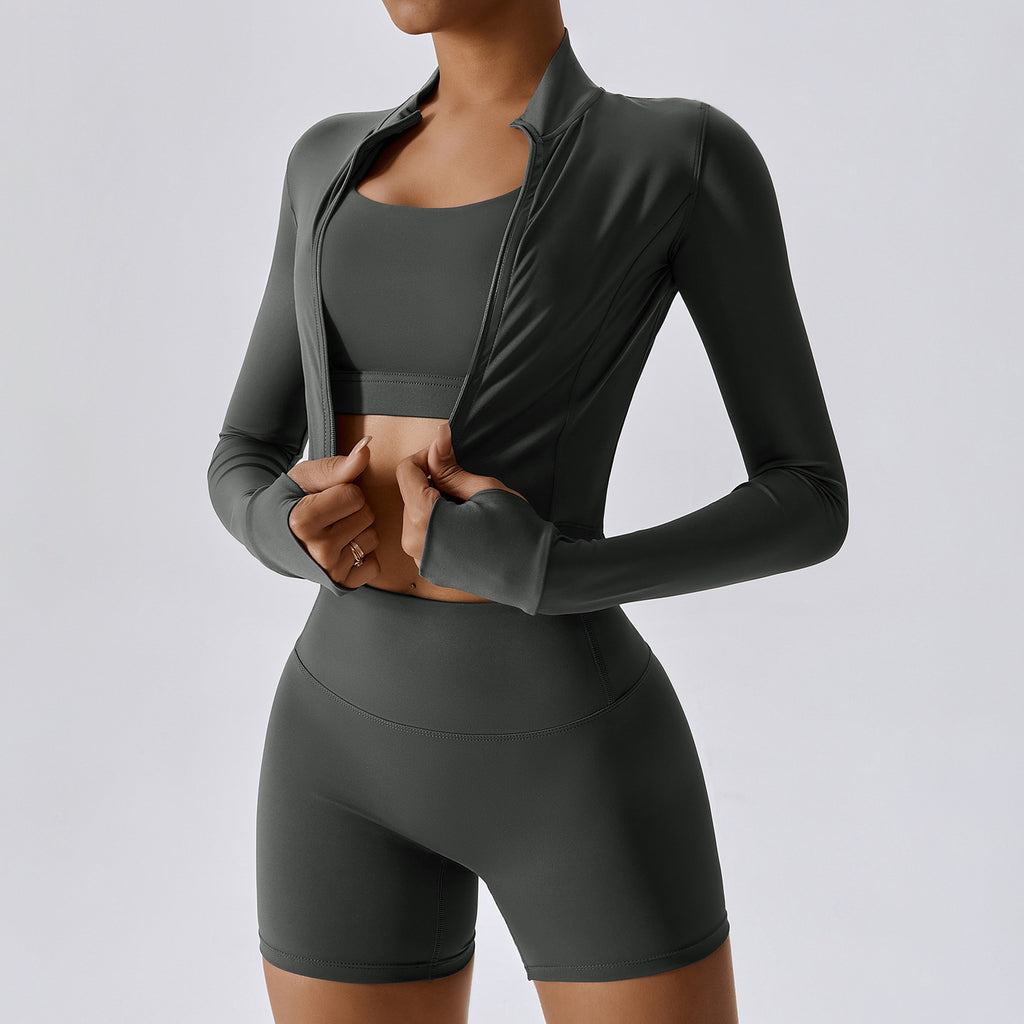 Women's Nude Feel Activewear Set - Long Sleeve Top & Yoga Shorts