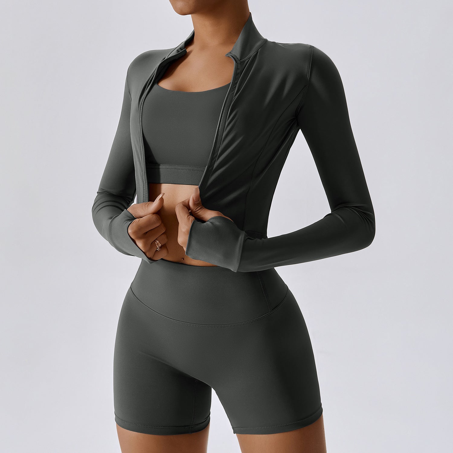 Women's Nude Feel Activewear Set - Long Sleeve Top & Yoga Shorts