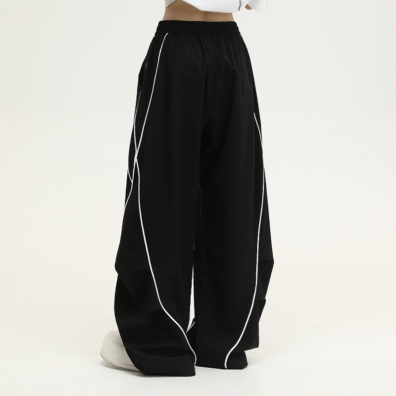 Women's Black Striped Wide-Leg Sporty Track Pants