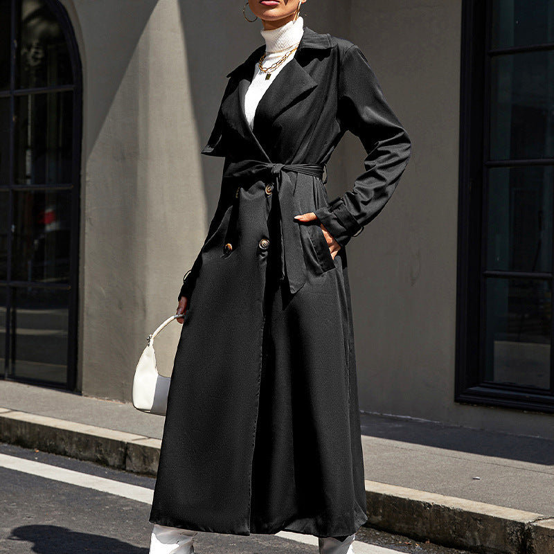 Chic Black Belted Trench Coat for Women - Classic Mid-Length Outerwear