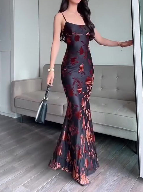 Women's Strappy Bodycon Dress - Flocked Maxi Party Style