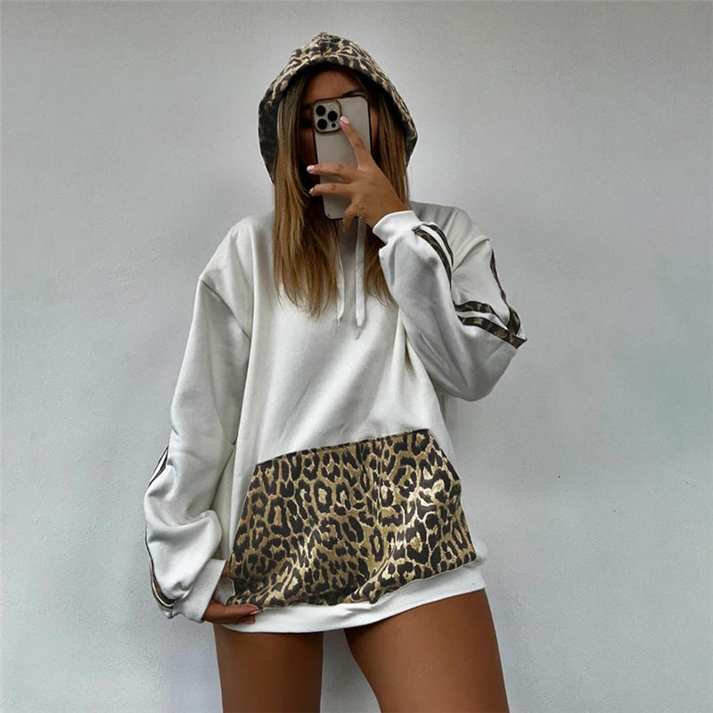 Chic Leopard Print Detail Relaxed Fit Casual Pullover Hoodie