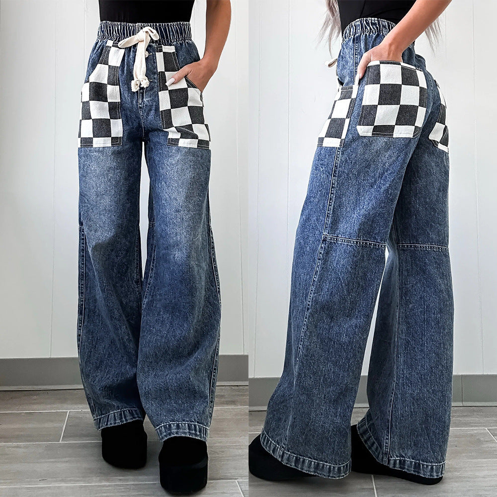 Trendy Baggy Jeans with Checkerboard Pockets