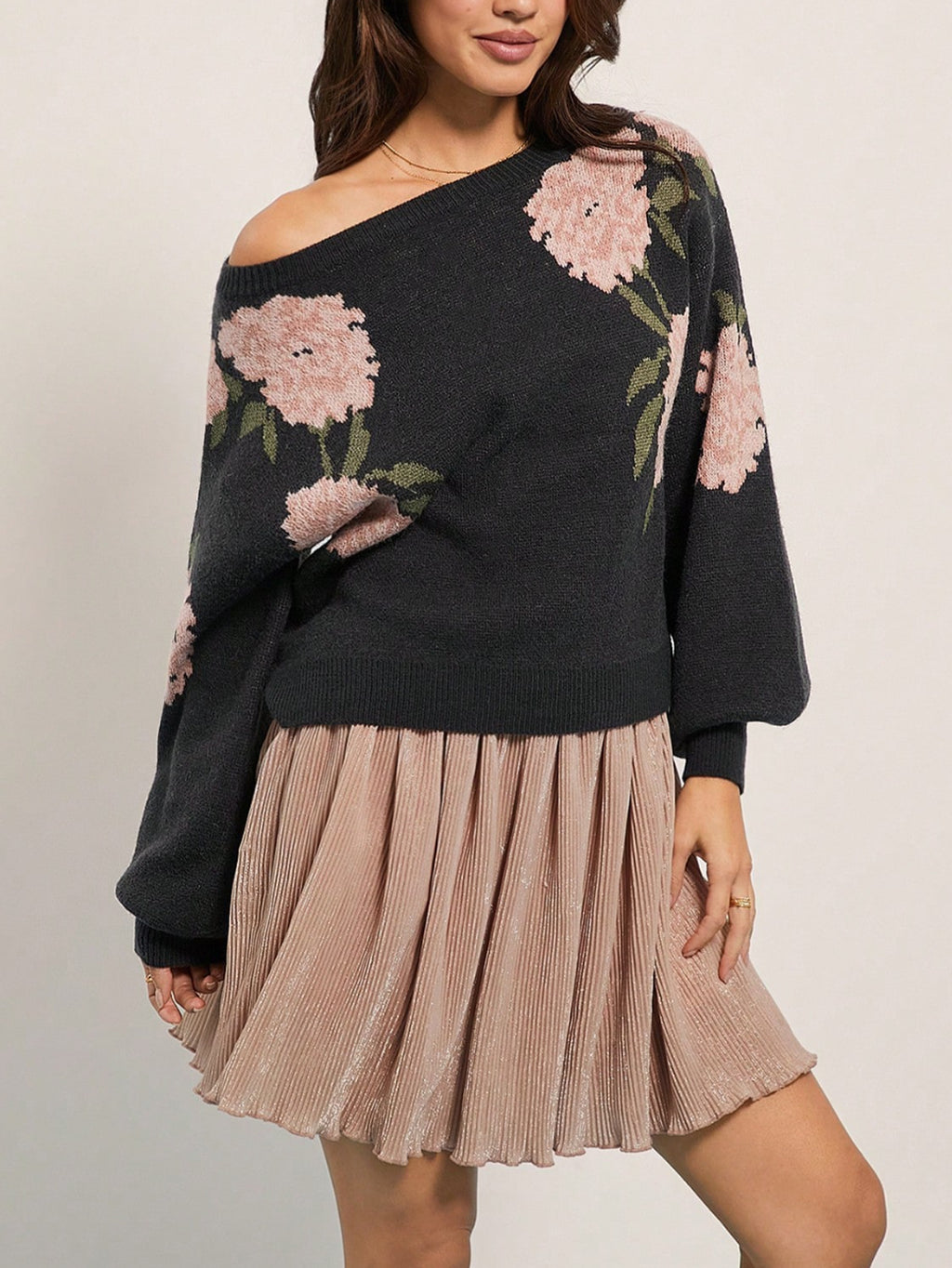Loose Off Shoulder Floral Jacquard Pullover Sweater for Everyday Comfort
