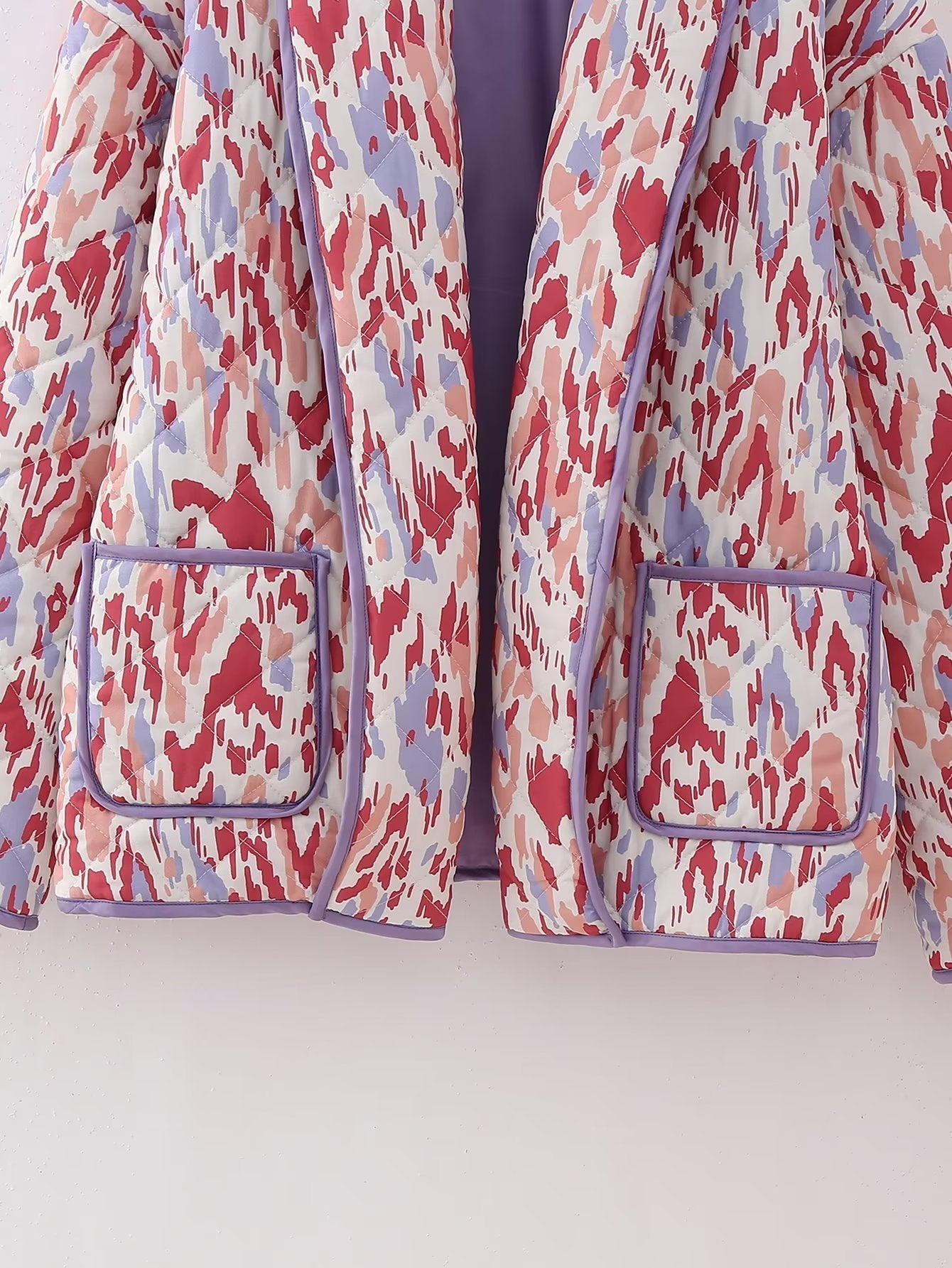 Artistic Retro Printed Quilted Jacket with Lapel Collar and Pockets