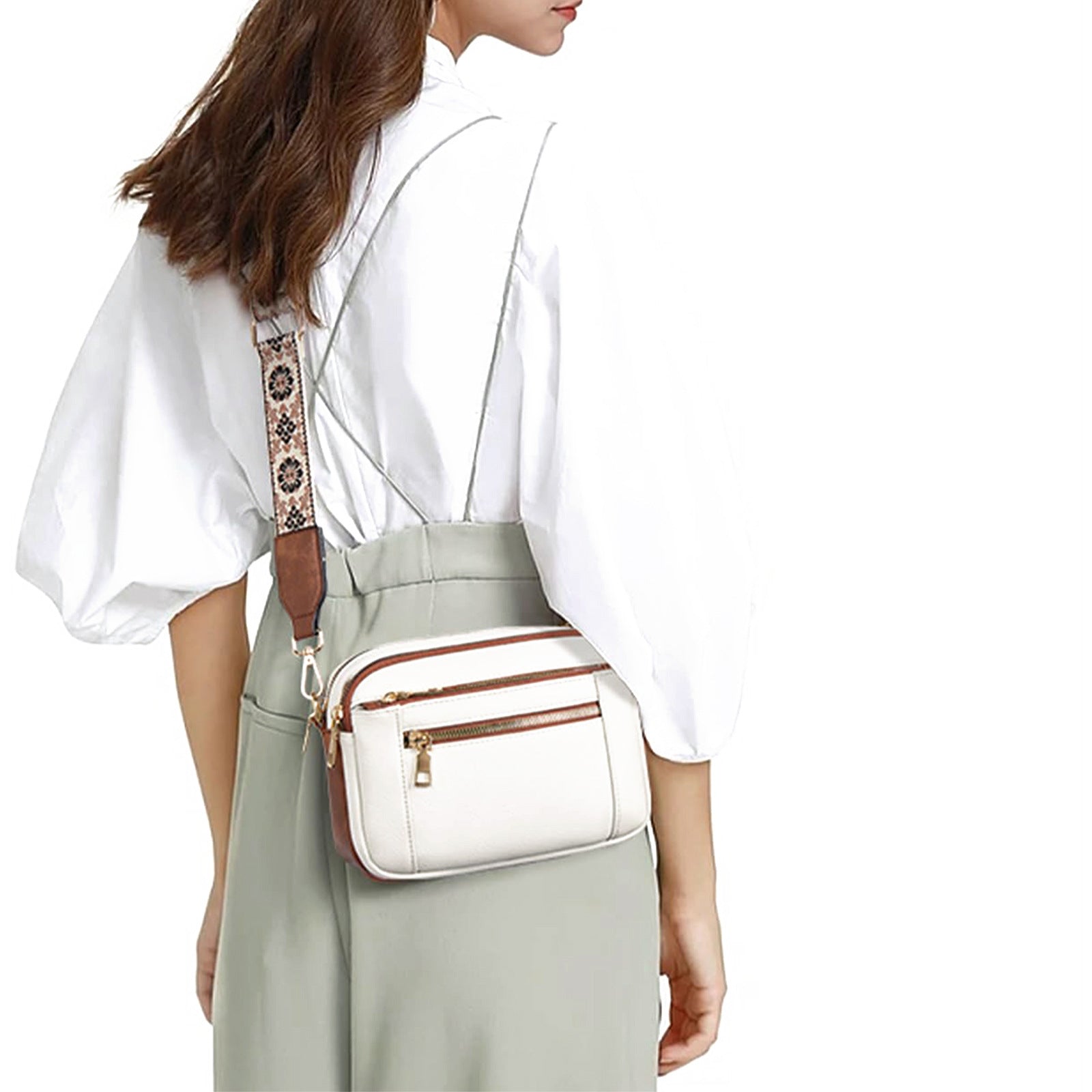 Chic Triple-Zipper Crossbody Bag with Floral Strap - Multi-functional