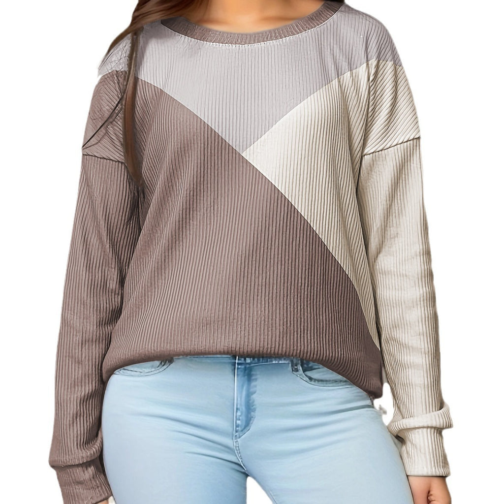 Effortless Comfort Color Block Ribbed Knit Long Sleeve Pullover Top