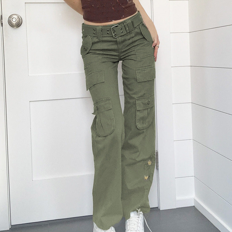 Vintage Low Waist Embroidered Cargo Pants - Y2K Style