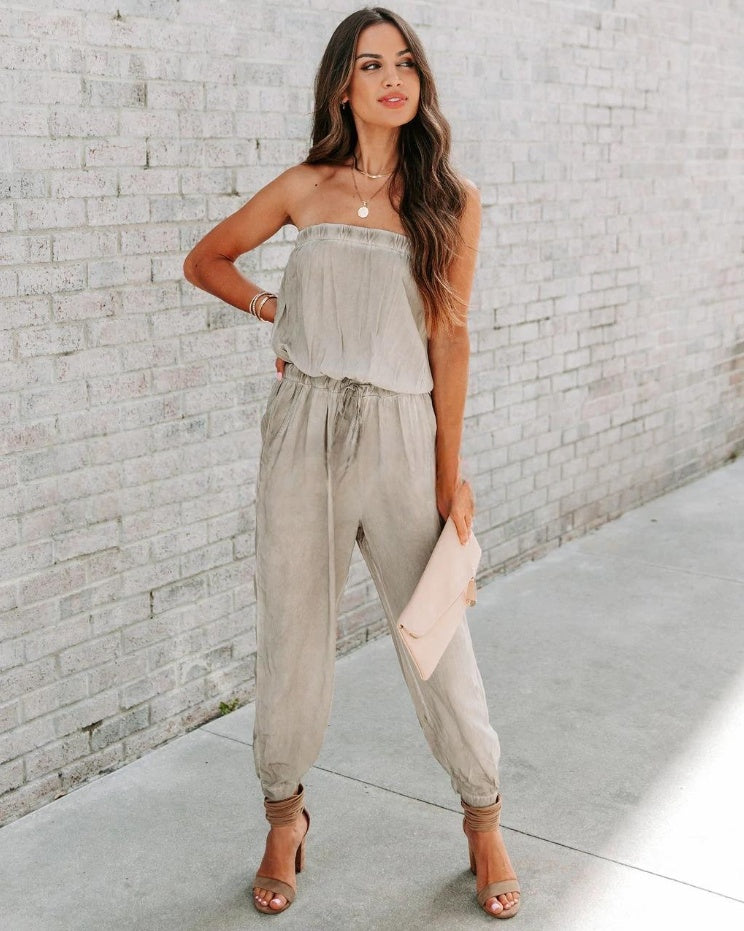 Chic Bandeau Strapless Cotton Blend Jumpsuit with Drawstring Waist and Pockets for Effortless Style