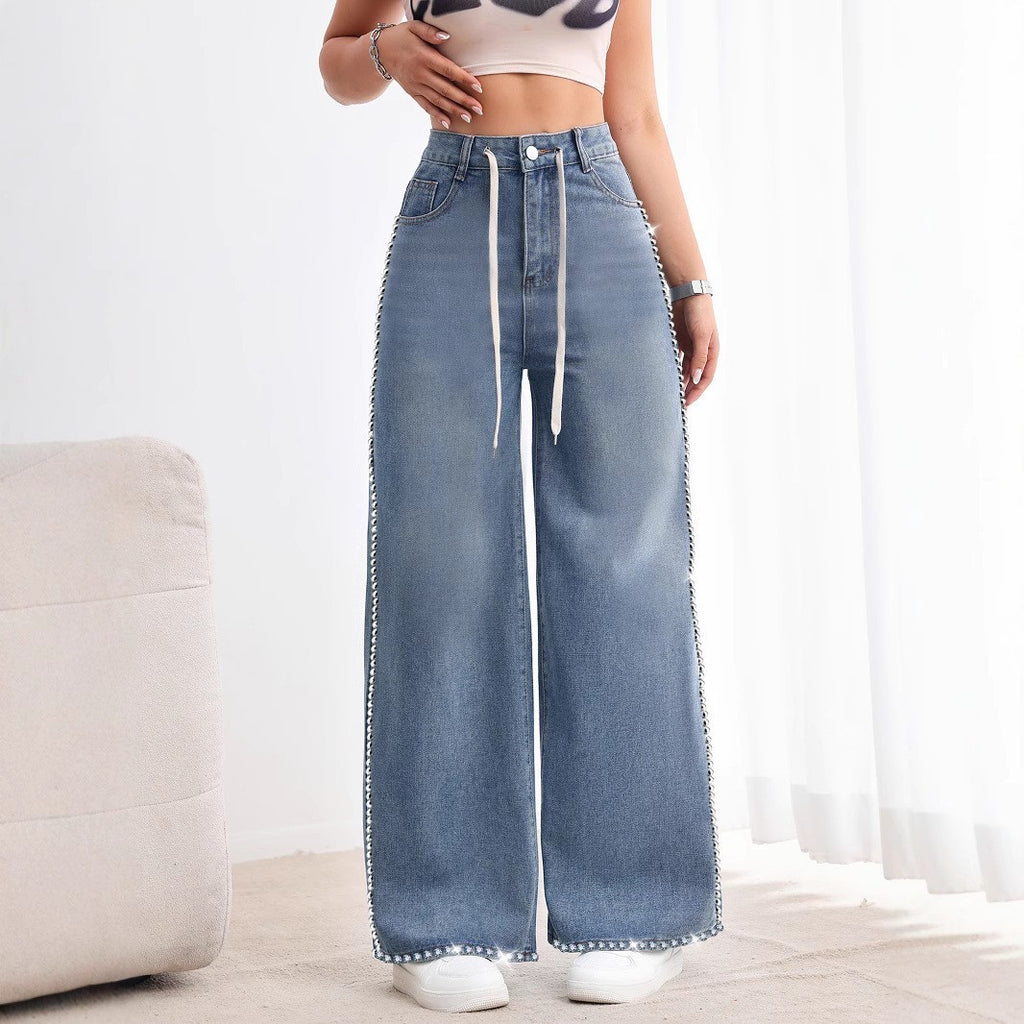 Retro High Waist Beaded Wide Leg Jeans