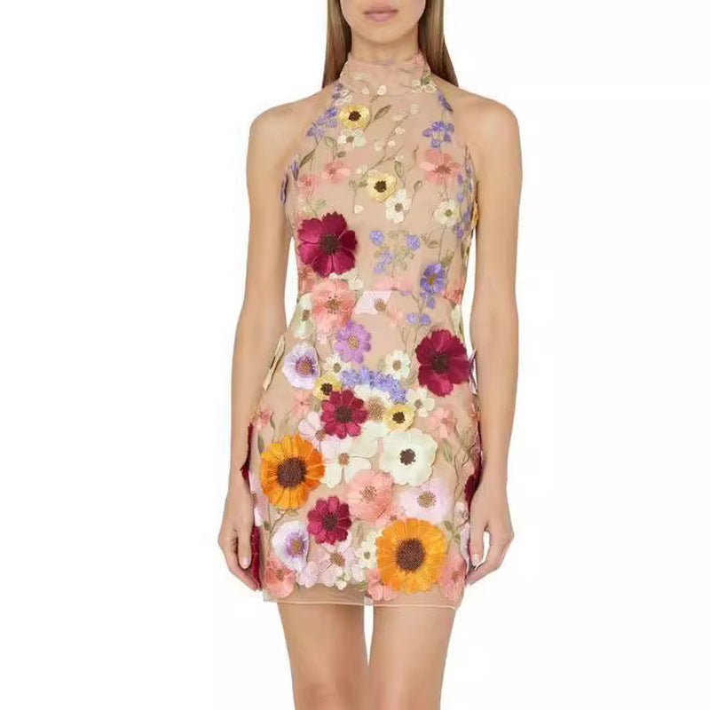 Elegant 3D Floral Halter Mini Dress - Embroidered Lace