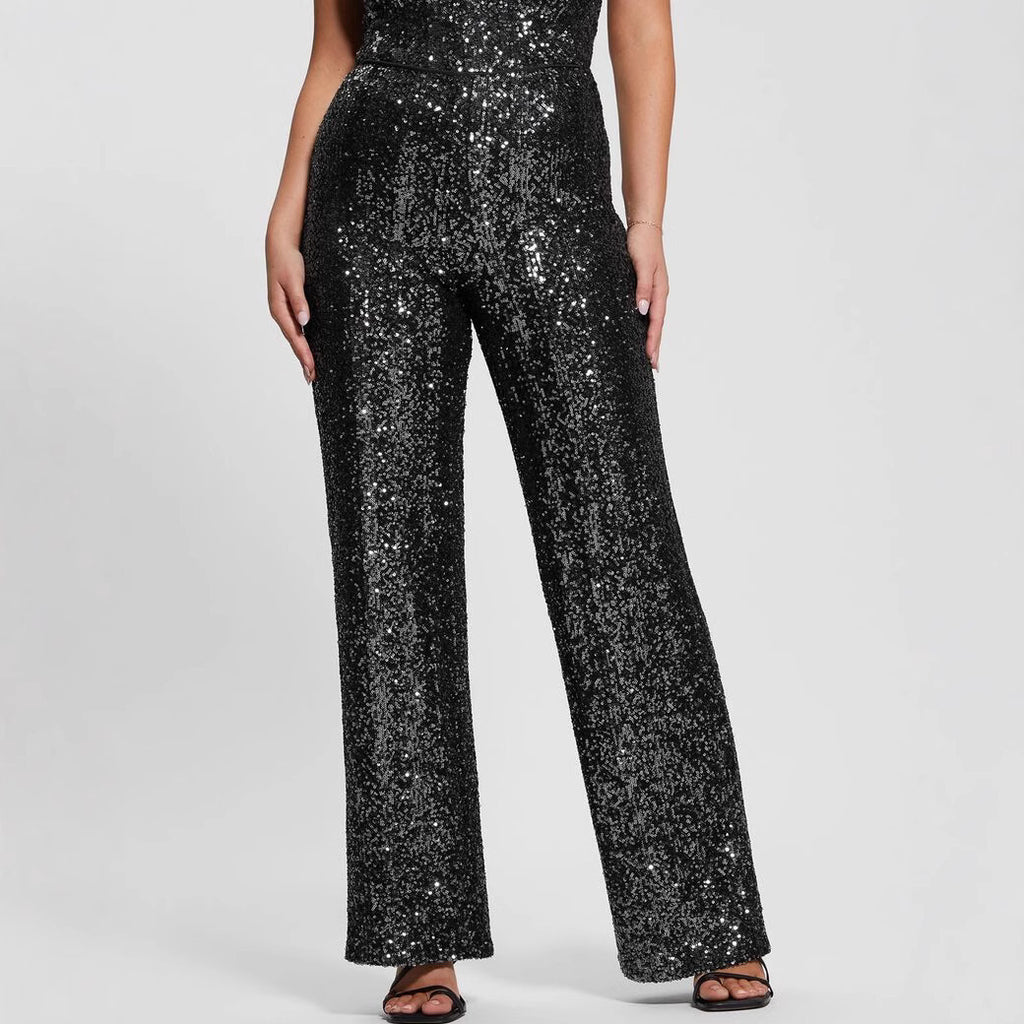 Women's Black Sequin One-Shoulder Wide-Leg Jumpsuit