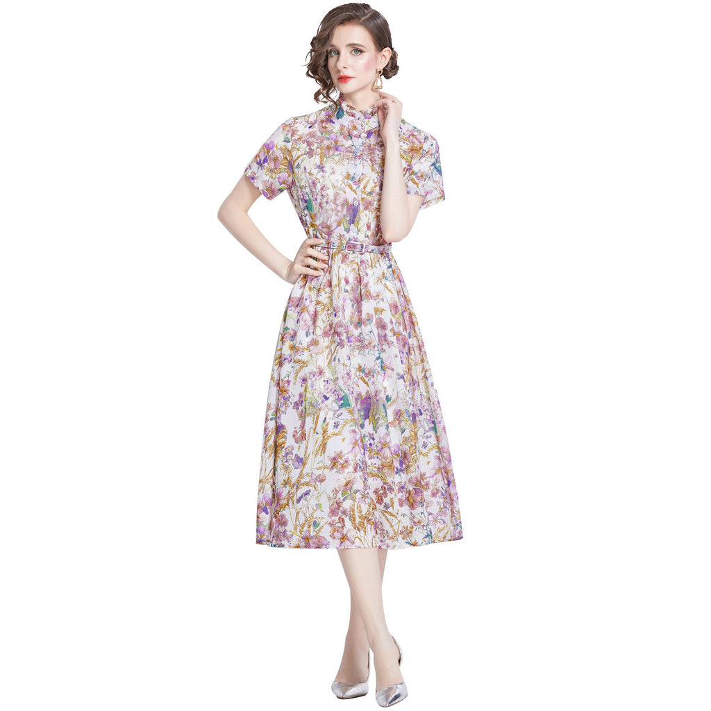 Elegant Floral Print Swing Midi Dress with a Refined Stand Collar and Belt