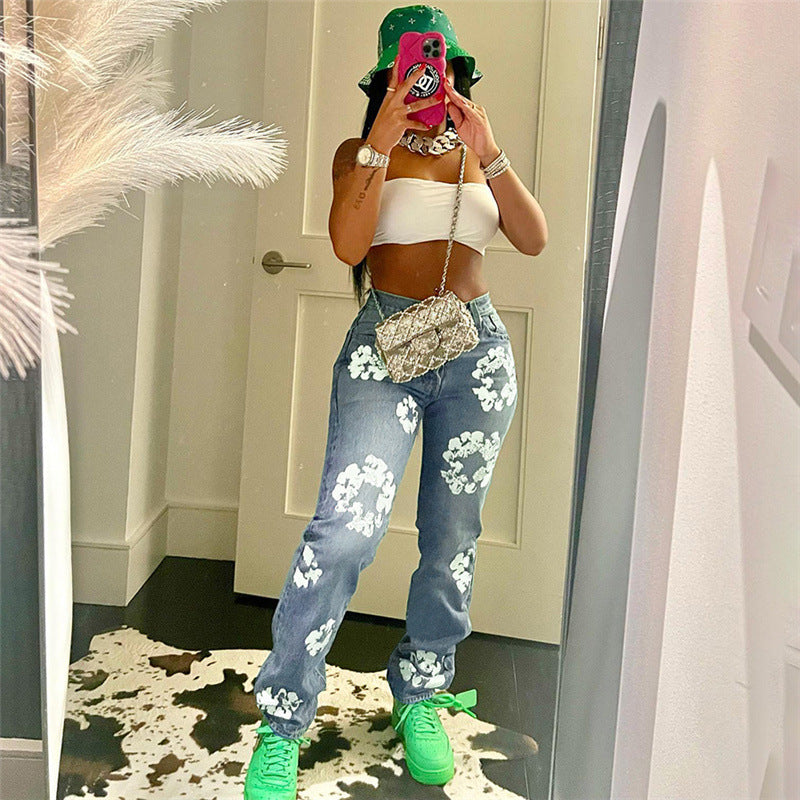 Trendy Floral Print High Waist Straight Jeans