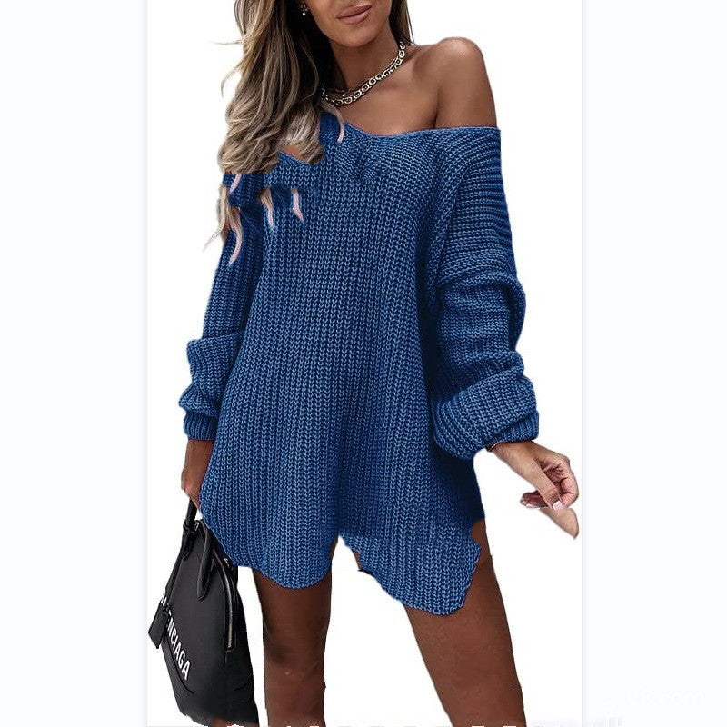 Comfortable Off-Shoulder Knitted Sweater Dress with Long Sleeves and V-Neck