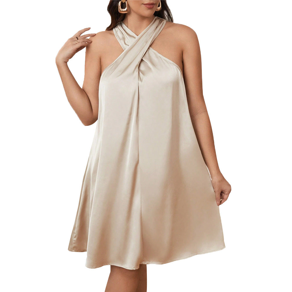 Elegant Satin Halter Neck A-Line Midi Dress - Ariana Vogue