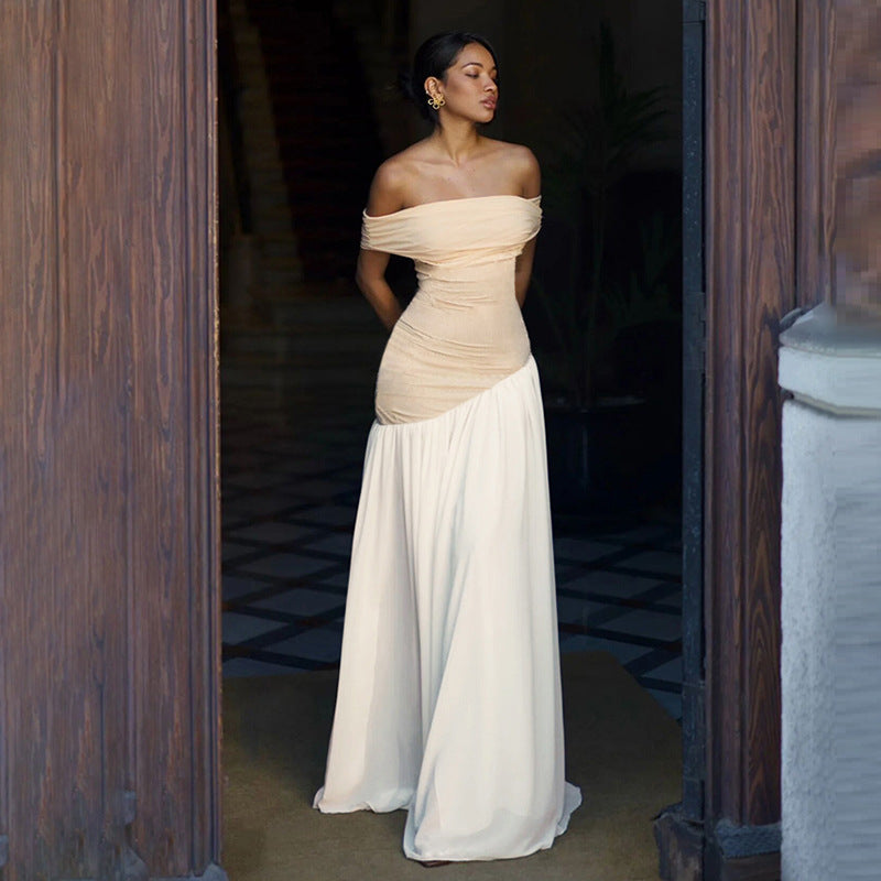 Women's Off-Shoulder Bodycon Dress - Color Contrast Fit