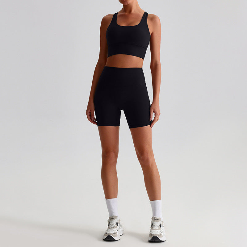 Comfortable Nylon Workout Set with Crop Top and High Waist Cycling Shorts for Women