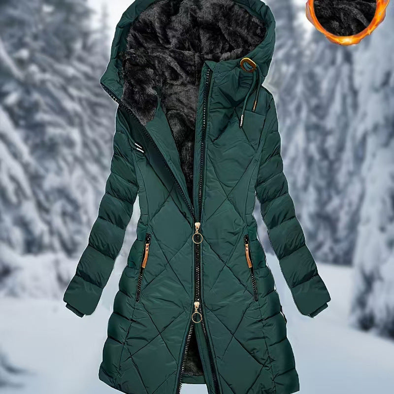 Stylish Quilted Long Puffer Coat with Faux Fur Lined Hood for Winter Warmth