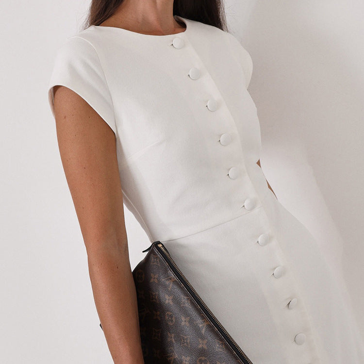 Elegant White Button-Front Sheath Midi Dress
