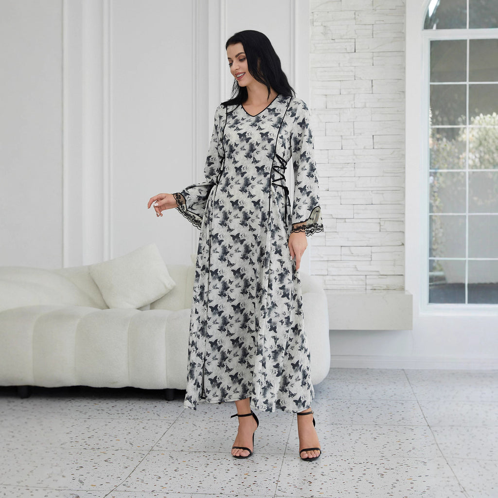 Elegant Butterfly Print Maxi Dress - Flowing V-Neck Abaya Style