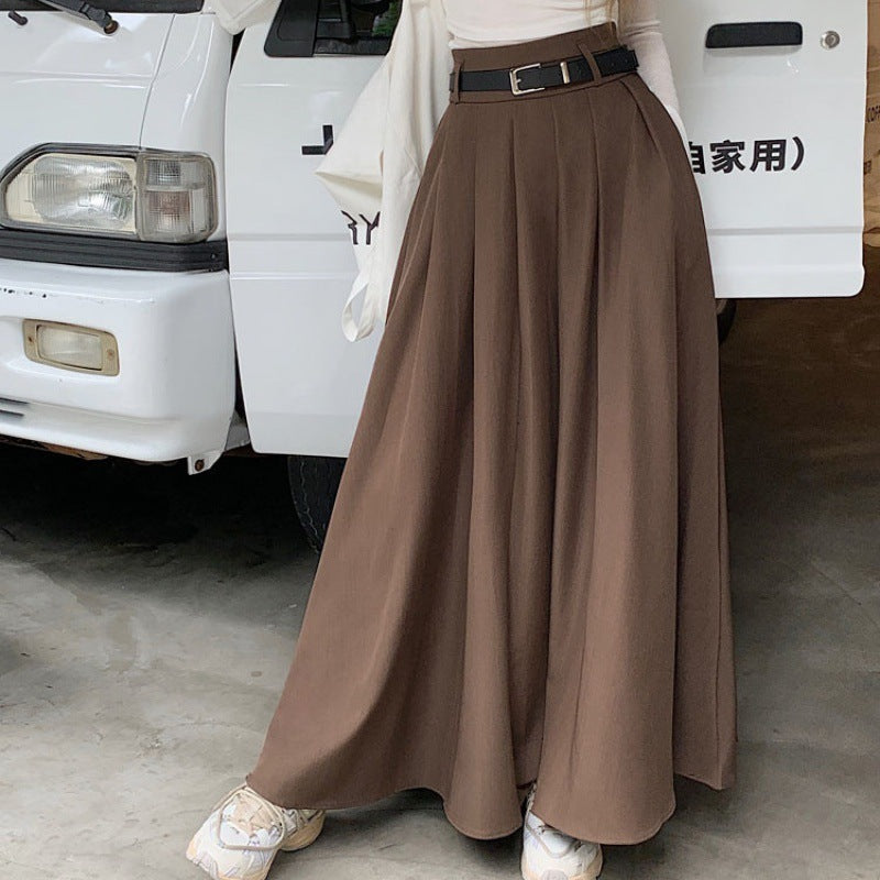 Elegant Pleated Maxi Skirt with Belt Urban Chic High Waist Flowy Design