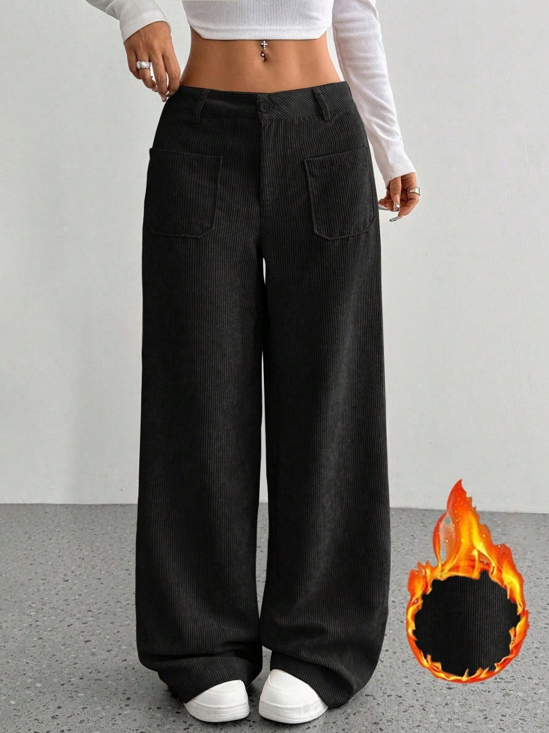 Chic Corduroy Wide Leg Pants with Pockets - Loose Fit Street Style