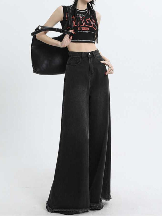 Women's High Waist Wide Leg Jeans - Retro Raw Hem Style