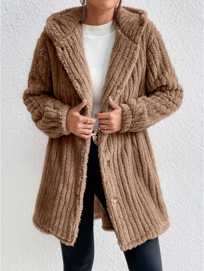 Cozy Button Front Hooded Teddy Coat Warm Fleece Jacket for Everyday Wear