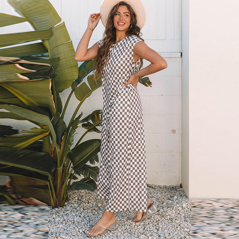 Loose Wide Leg Checkered Jumpsuit - Casual & Trendy