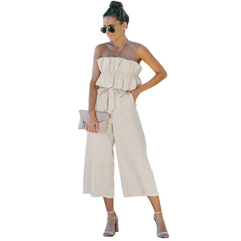 Chic Women's Strapless Ruffle Wide Leg Jumpsuit for Summer Casual Wear