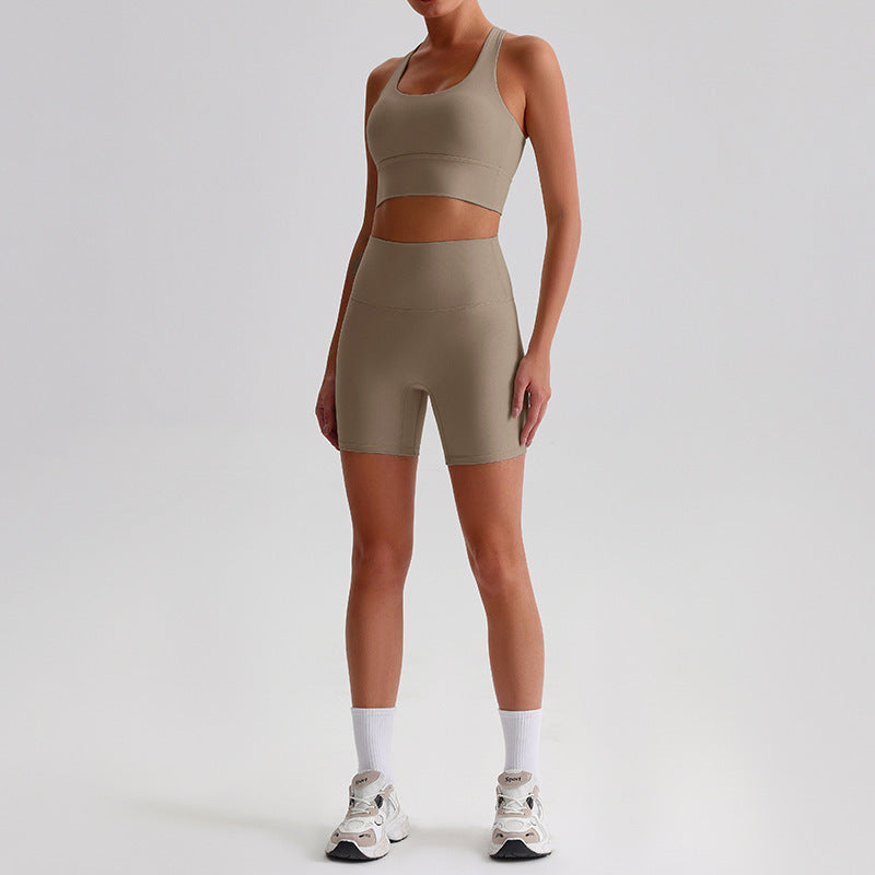 Comfortable Nylon Workout Set with Crop Top and High Waist Cycling Shorts for Women