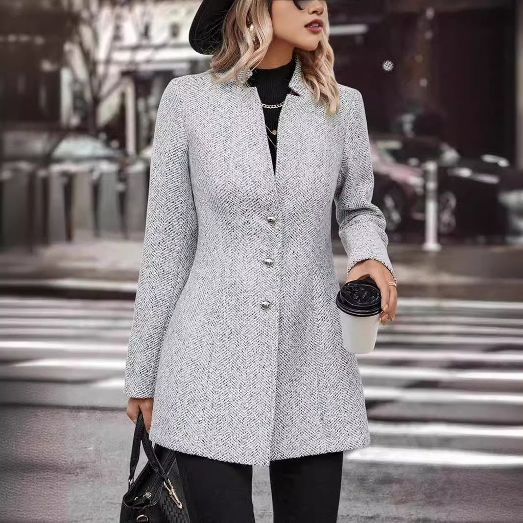 Chic Women's Long Sleeve Stand Collar Wool Blend Trench Coat