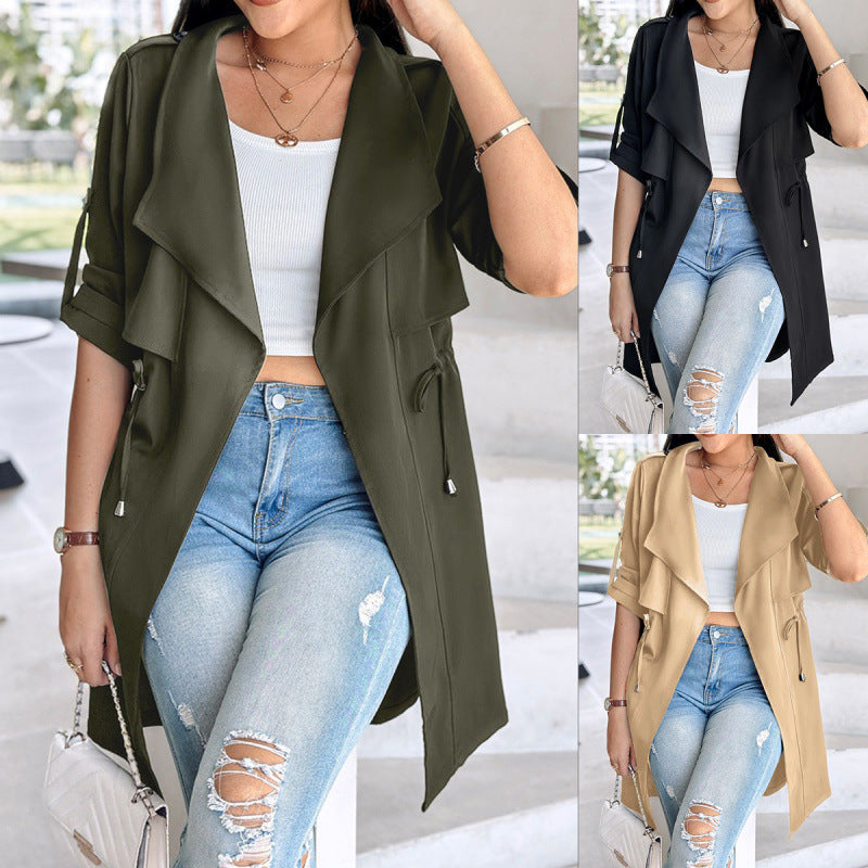 Women's Loose Linen Trench Coat with Rolled Sleeves - Mid-length