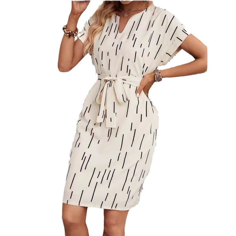 Women's Slotted Neckline Batwing Sleeve Printed Belted A-Line Dress