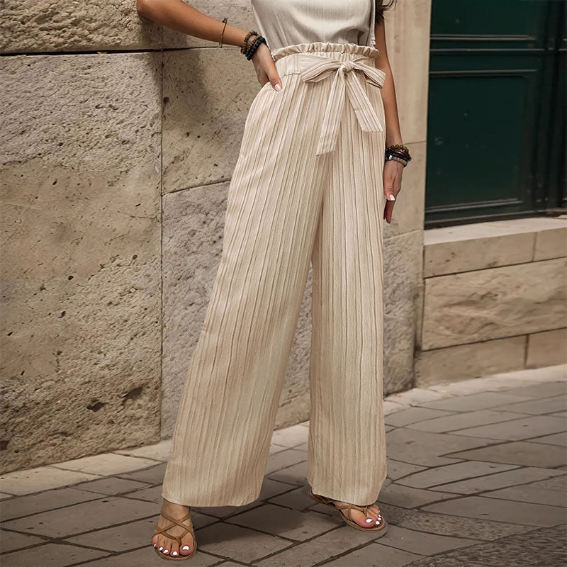 Comfortable High Waisted Paperbag Wide Leg Trousers with Tie Belt