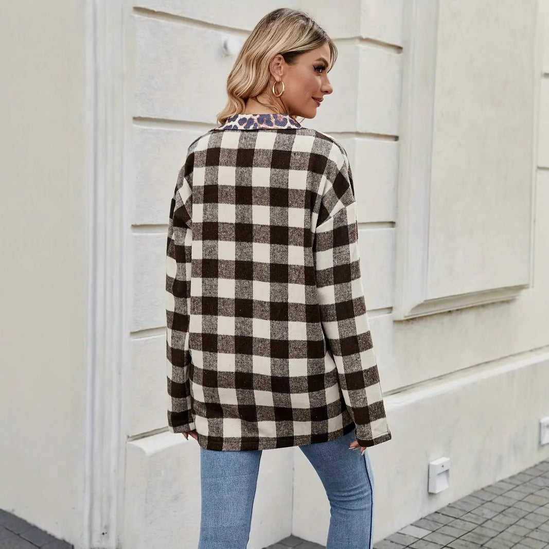 Stylish Oversized Plaid Long Sleeve Cardigan Shirt with Leopard Trim