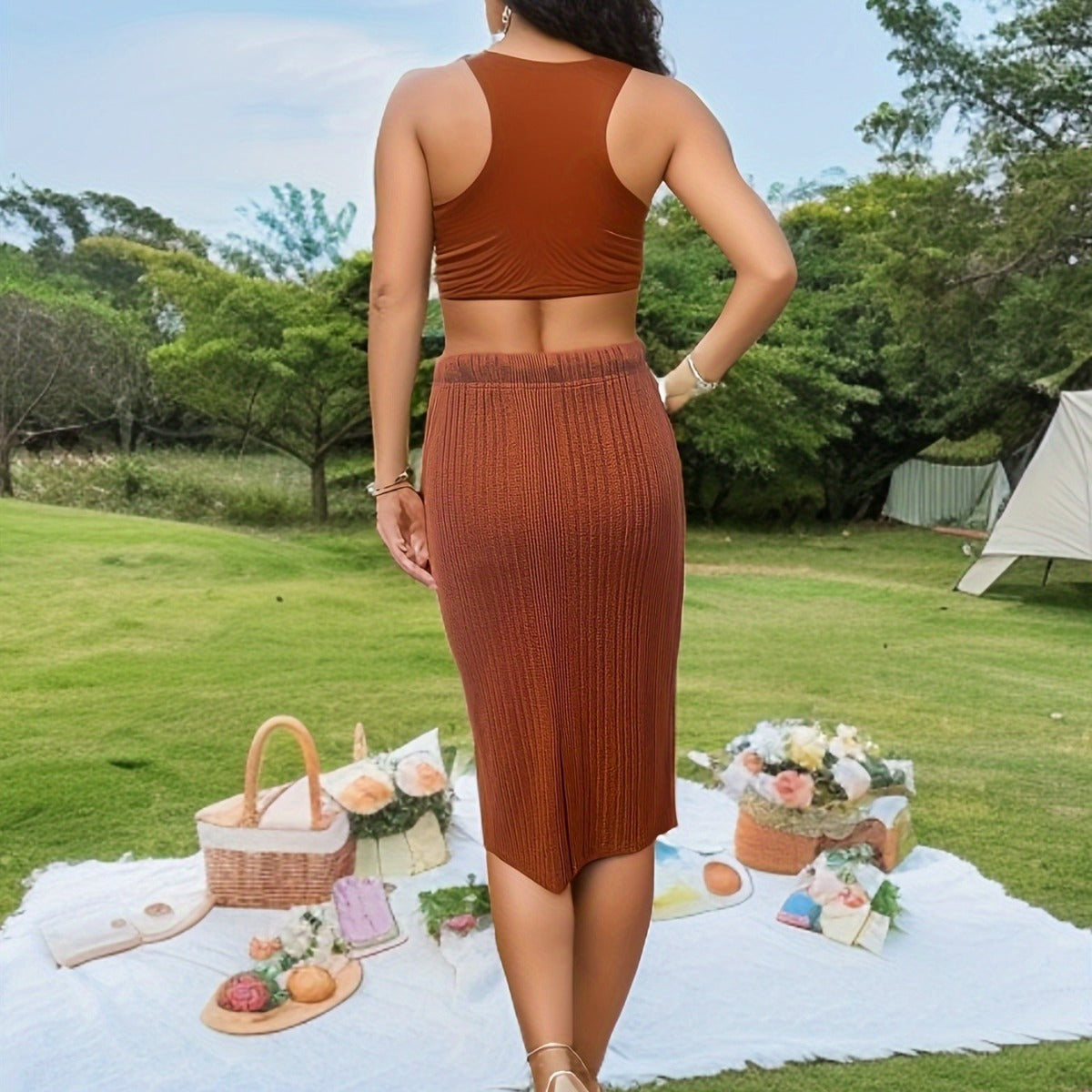 Effortless Comfort Ribbed Drawstring Midi Skirt Caramel Hue