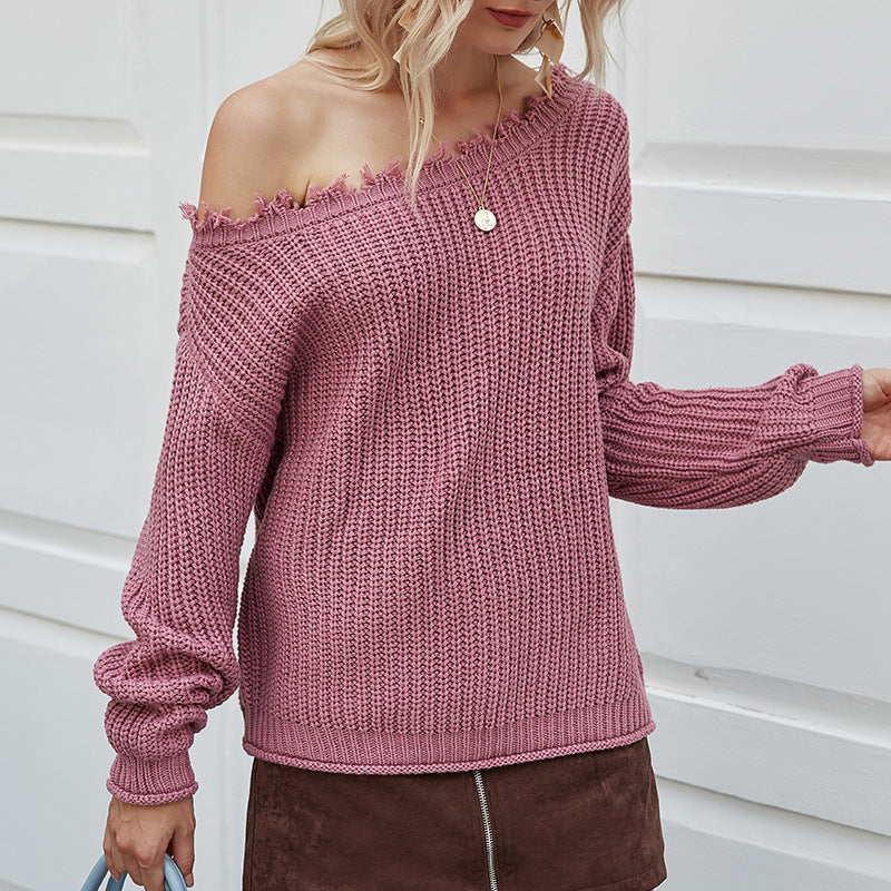 Chunky Knit Loose Fit Off Shoulder Pullover Sweater with Distressed Detail