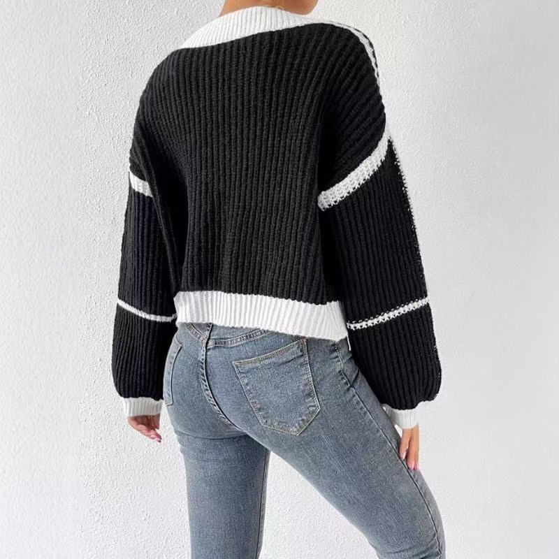 Chic Color Block Striped Knit Cardigan with Relaxed Lantern Sleeves