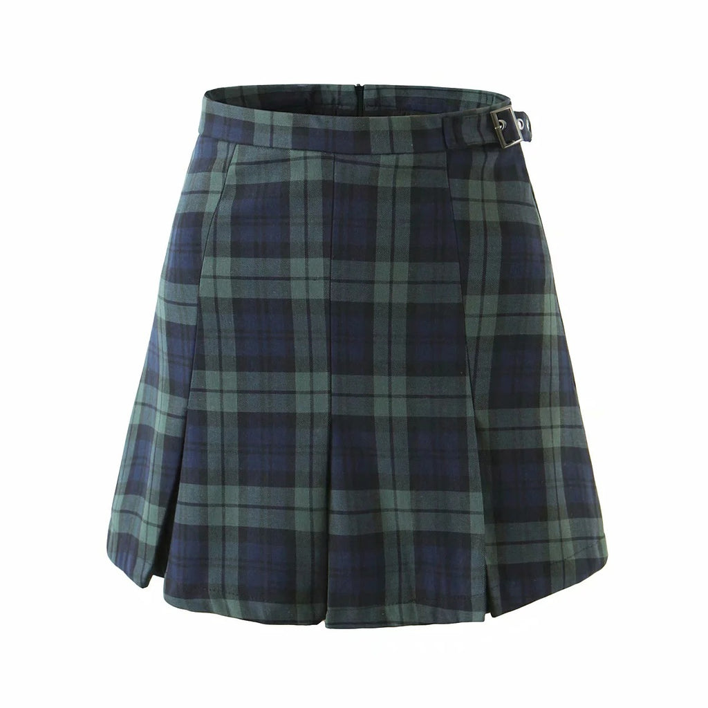 Classic Green Plaid Pleated Mini Skirt British College Style