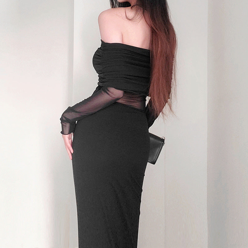 Chic Off-Shoulder Pleated Long Sleeve Maxi Dress