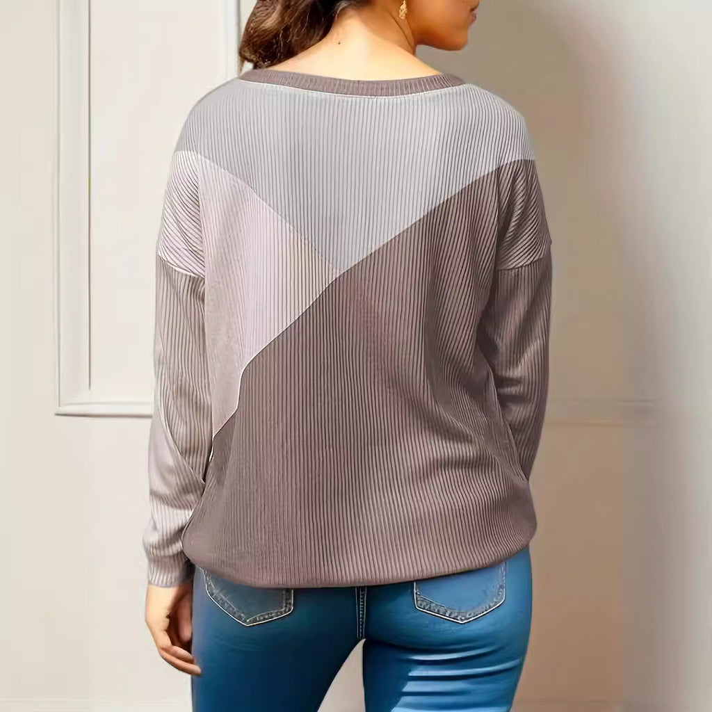Effortless Comfort Color Block Ribbed Knit Long Sleeve Pullover Top