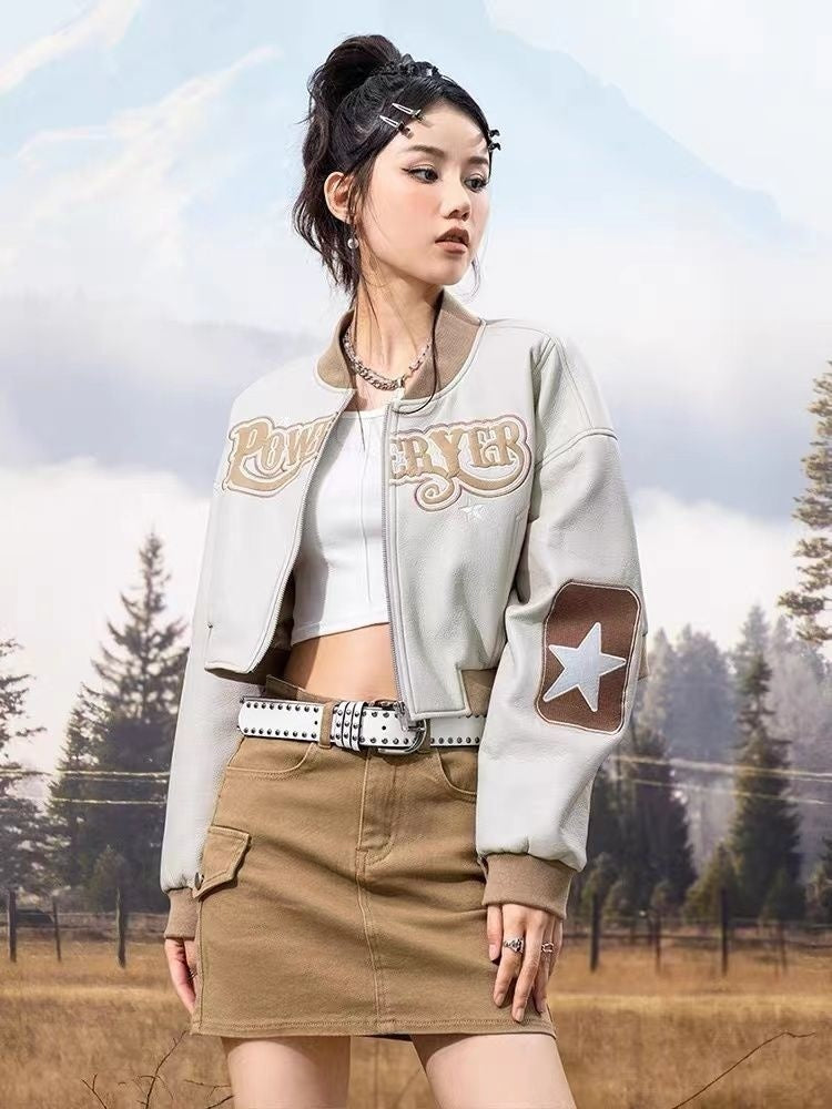 Street Style Cropped Bomber Jacket with Vintage Embroidered Lettering