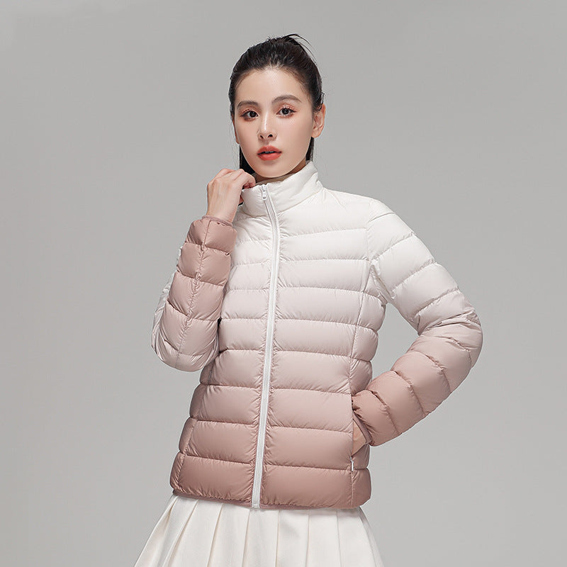 Fashionable Gradient Stand Collar Down Puffer Jacket Cozy Winter Outerwear