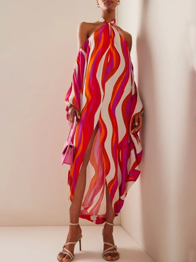 Vibrant Halter Neck Wavy Print Flowy Maxi Dress with Open Shoulder Sleeves