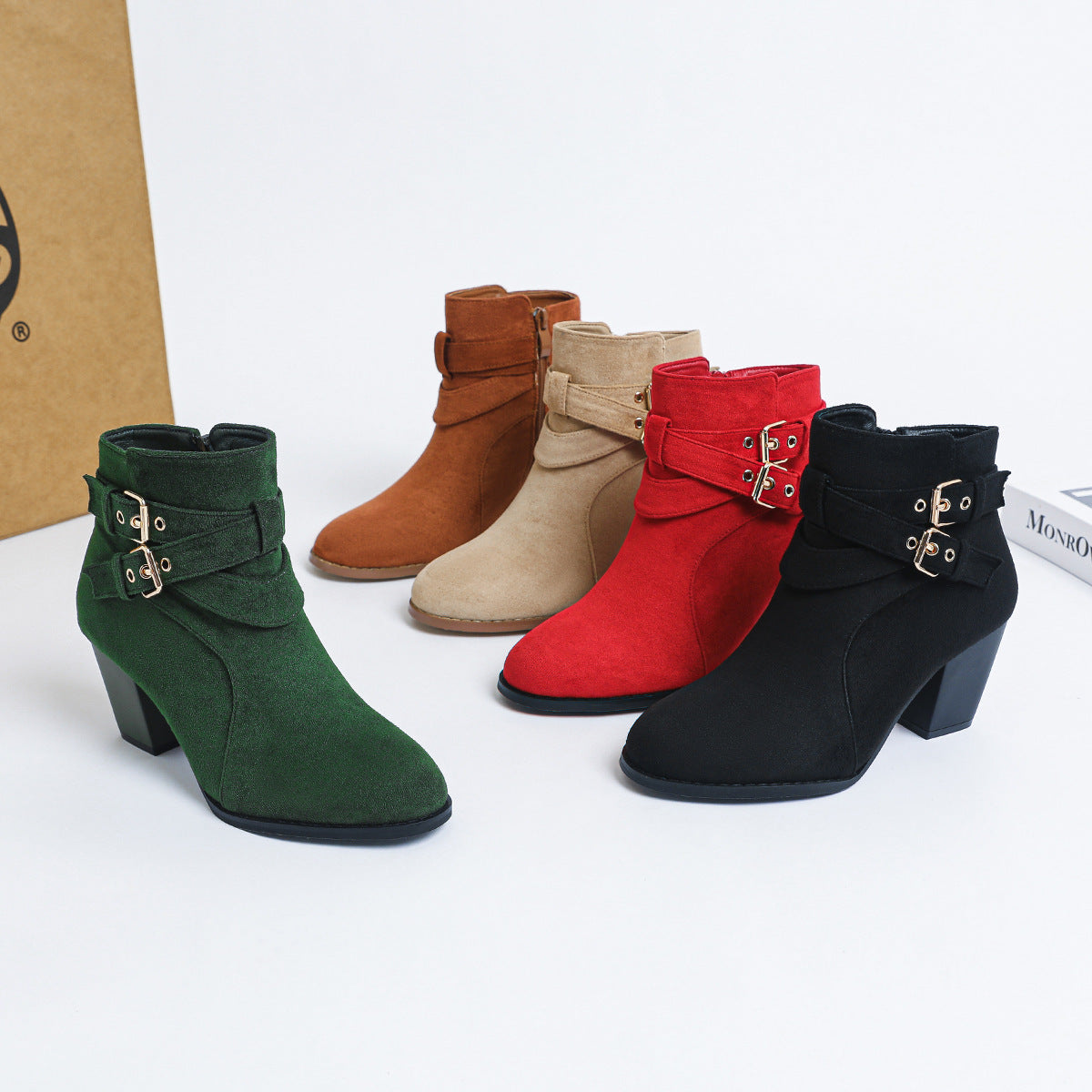 Adalyn Suede Buckle Block Heel Boots